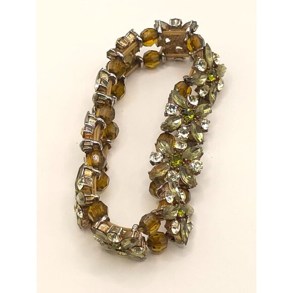Vintage Rhinestone & Bead Flex Bracelet Gold-Tone Green/Brown Floral Design - Picture 6 of 7